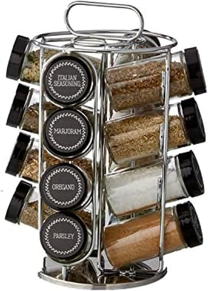 Kamenstein 16 Jar Montauk Revolving Countertop Spice Rack Organizer with Spices Included, FREE Spice Refills for 5 Years, Chrome with Black Caps