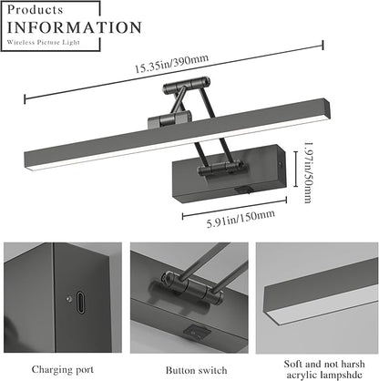 Rechargeable Lights for Pictures on wall Battery Operated Brushed Grey 15.7 Inch Wall Lights with Swing Arm and Timer Function Cordless Art Light with Remote Timer for Paintings,Gallery