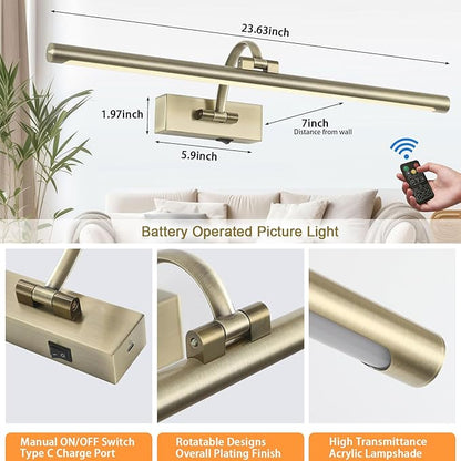 Antique Bronze Picture Light, 23.6 Inch Remote Control Painting Lights for Wall Cordless, 3CCT Dimmable Wall Lights for Pictures, Rechargeable Art Light for Pictures On Wall with Timer