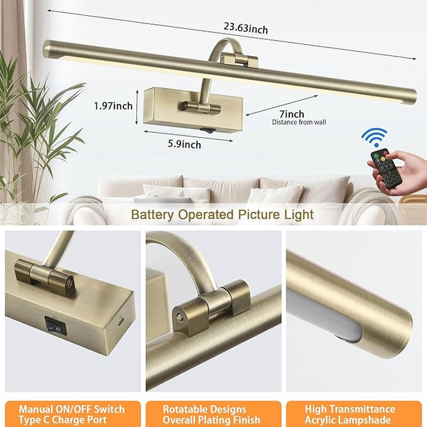 Antique Bronze Picture Light, 23.6 Inch Remote Control Painting Lights for Wall Cordless, 3CCT Dimmable Wall Lights for Pictures, Rechargeable Art Light for Pictures On Wall with Timer