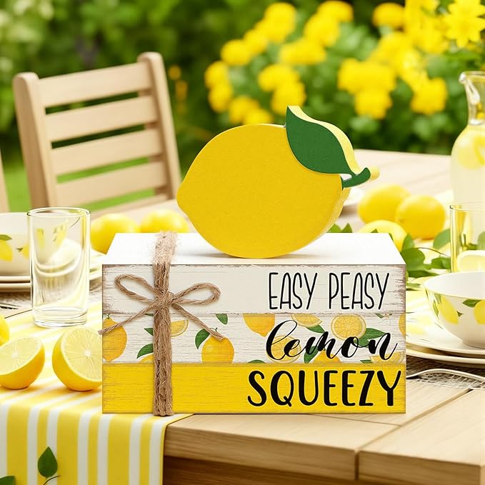 Geelin 4 Pcs Lemon Book Stack Decor, Wooden Faux Books for Home Table Centerpiece, Lemon-themed Kitchen Tiered Tray Decorations, Rustic Farmhouse Summer Lemon Decor for Living Room & Dining Table