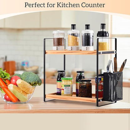 LEMIKKLE 2-Tier Wood Coffee Bar Organizer With Basket,Kitchen organizers and storage,Spice Rack Organizer for Countertop,Kitchen
