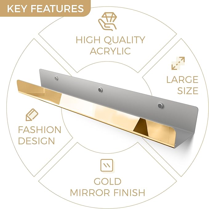 2 Pack 24 Inch Gold Reflective Acrylic Shelves, Gold Foating Shelves, Modern Sunglasses Essential Oil Picture Ledge Display Toy Storage Shelf