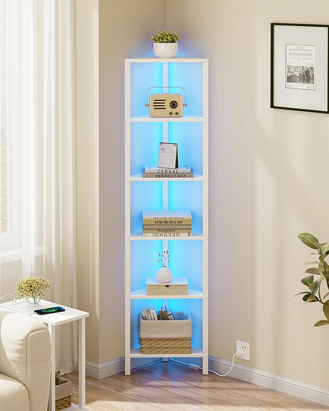 TUTOTAK 6-Tier Corner Bookshelf with LED Light,Corner Shelf for Small Space, Narrow Display Corner Shelf Stand with Storage Rack, for Living Room, Bedroom, Pure White V1BS05BW006L