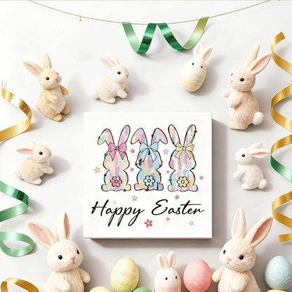 Easter Desk Decorations Happy Easter Wooden Sign, Spring Bunny Farmhouse Tabletop Decor, Easters Holiday Shelf Plaque for Home Office Kitchen 5x5 Inch