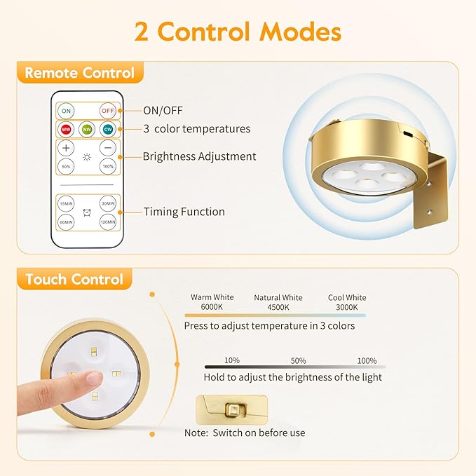 Brightown 3-Pack Picture Lights for Wall,Rechargeable Battery Operated Painting Light Magnetic Art Display Light with Remote, Puck Lights, Dimmable & Timer Art Lighting for Paintings Wireless,Gold