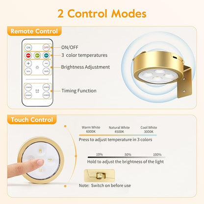 Brightown 3-Pack Picture Lights for Wall,Rechargeable Battery Operated Painting Light Magnetic Art Display Light with Remote, Puck Lights, Dimmable & Timer Art Lighting for Paintings Wireless,Gold