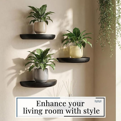 4 Pcs Solid Wood Half Round Floating Wall Shelves, Elegant Floating Wooden Shelves, 8.27 Inch Wall Shelf for Living Room, Bathroom, Bedroom, Offices, Pictures Plant Book (Black)