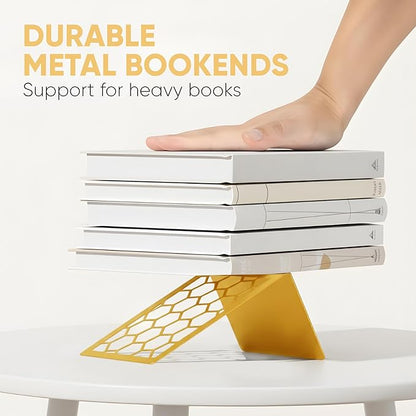 GEOMOD Geometric Honeycomb Gold Metal Bookends Decorative - Tall Sturdy Book Ends for Shelves - Modern Heavy Duty Bookend Stopper - Office or Home Book Shelf Book Holder - 6x3.25x6.25 Inches - 2 Pair