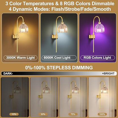 Vintage Battery Operated Wall Sconces Set of Two, Flower Wireless Rechargeable Battery Powered Wall Lights Lamp with Remote Control & Green Glass Lampshade,Gold Wall Sconces for Bedroom Living Room