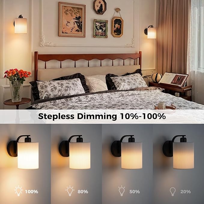 Battery Operated Wall Sconce Set of 2, Rechargeable Wall Sconce with 13000mAh Bulb Pleated Fabric, Wireless Battery Powered Wall Sconces Set of 2 for Bedroom Living Room, Black