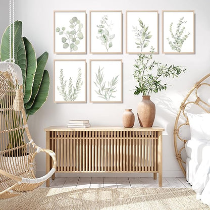 Botanical Plant Wall Art Boho Decor Prints Light Green Eucalyptus Leaf Picture Canvas Wall Art Minimalist Floral Wall Decor for Bedroom Living Room Bathroom Kitchen (Set of 6, 12x16 inch, Unframed)