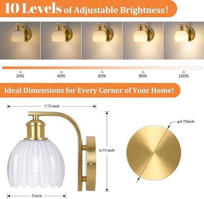 VerRon Rechargeable Battery Operated Wall Sconce with Milky White Glass Lampshade, Wireless Wall Scone Decor with Remote Control, 15 Colors Gold Wall Light for Bedside Hallway Bedroom Doorway