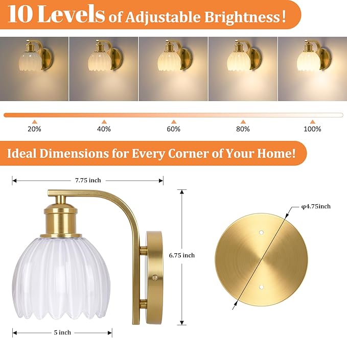 VerRon Rechargeable Battery Operated Wall Sconce with Milky White Glass Lampshade, Wireless Wall Scone Decor with Remote Control, 15 Colors Gold Wall Light for Bedside Hallway Bedroom Doorway