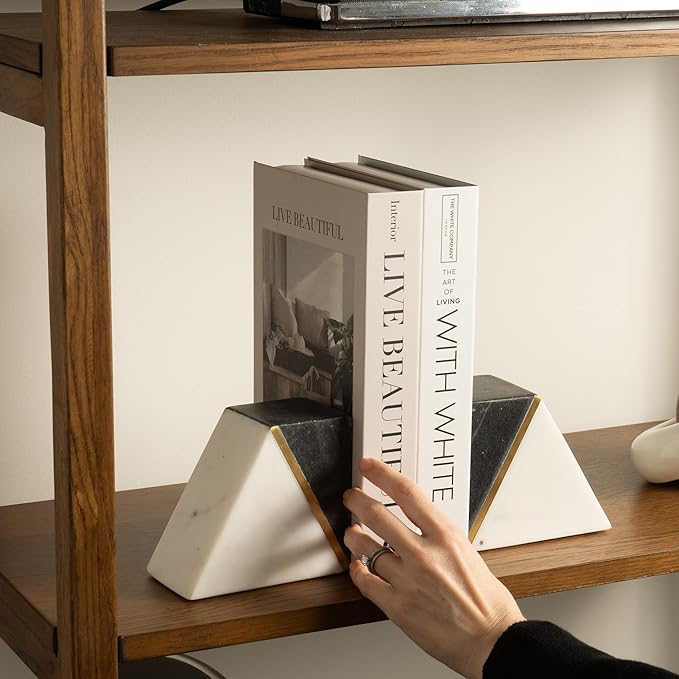 Cork & Mill Marble Book Ends for Shelves, Decorative Bookends for Heavy Books, Unique Mid Century Modern Gray and White Bookends with Brass Inlay, Heavy Duty Bookshelf Stopper, Set of 2