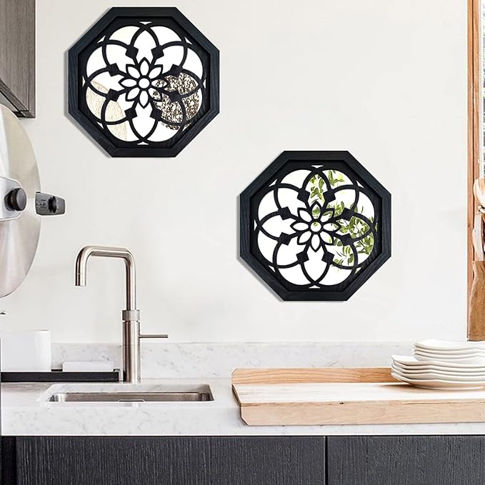2-Piece Octagon Wall-Mounted Mirrors,Vintage Farmhouse Mirror for Wall Decor,Black Decorative Accent Mirror for Foyer, Bathroom, Bedroom. (12”x12”)