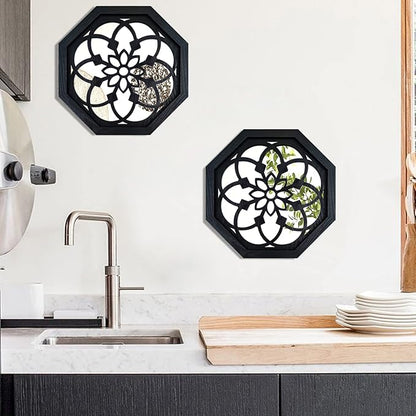 2-Piece Octagon Wall-Mounted Mirrors,Vintage Farmhouse Mirror for Wall Decor,Black Decorative Accent Mirror for Foyer, Bathroom, Bedroom. (12”x12”)