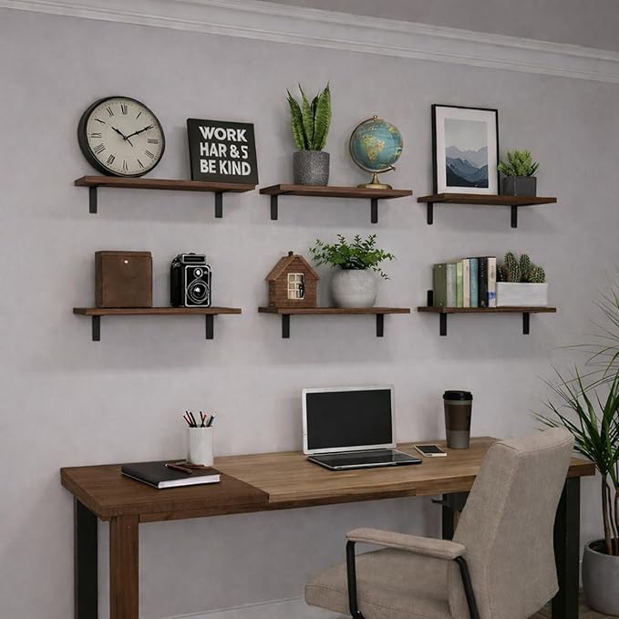 Floating Shelves Set of 6, Wooden Floating Shelves for Wall Decor, Farmhouse Shelf for Bedroom, Wall Mounted Bathroom Storage Shelves, Floating Book Shelves for Living Room