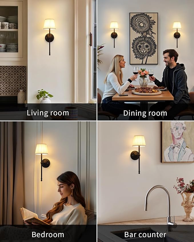 KDG Cordless Wall Sconces Set of 2, Small Wireless 5200mAh Rechargeable Battery Fabric LED Wall Lamps, Portables Lightings for Wall Painting, Living Room, Bedroom, Hallway, Gifts, Night Light (Black)