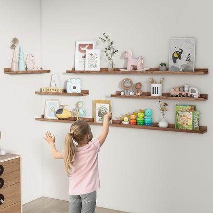 Picture Ledge Shelf, Floating Shelves Set of 2, 72 Inches Long Large Nursery Book Shelves for Toys Storage, Kids Bookshelf Wall Mounted for Living Room Bedroom Decor Books Photo Frames, Walnut