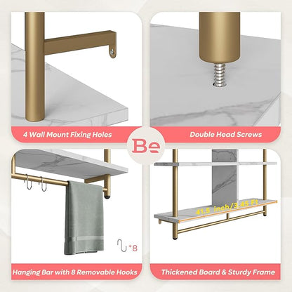 Bestier Kitchen Shelves Wall Mounted Floating Pipe Shelving 3 Tier 41.5" Coffee Bar Shelf with Holder Wall Display Storage Rack Kitchen Organization and Home Decor, White Faux Marble