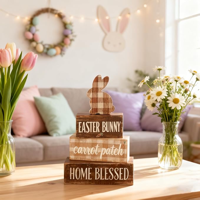 Easter Decorations - Easter Bunny Tiered Tray Decor Set - Wooden Carrot Patch Tabletop Decoration - Rustic Farmhouse Spring Home Decor Indoor for Tiered Tray Shelf Mantel Coffee Table Gift - Spring Home Decor for Living Room, Kitchen Counter