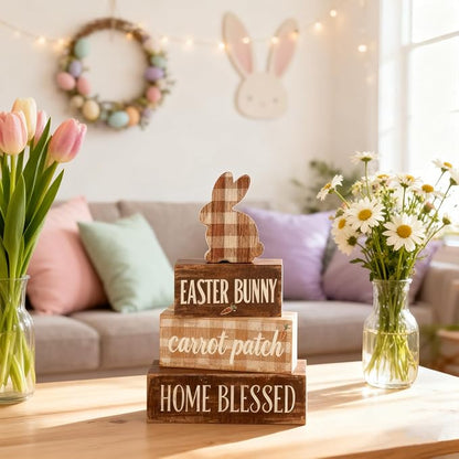 Easter Decorations - Easter Bunny Tiered Tray Decor Set - Wooden Carrot Patch Tabletop Decoration - Rustic Farmhouse Spring Home Decor Indoor for Tiered Tray Shelf Mantel Coffee Table Gift - Spring Home Decor for Living Room, Kitchen Counter