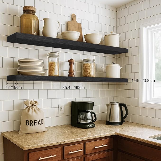 Floating Shelves for Wall, Bathroom Shelves Over Toilet, Wall Shelves & Book Shelf for Room, Hanging Shelf, Modern Wooden Mounted Floating Shelves, 36x7x1.5 in (Black, Set of 2)