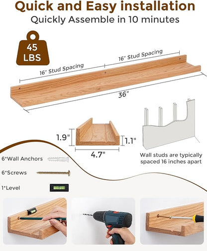 Axeman Oak Picture Ledge Shelf, 36 Inch Floating Shelves Set of 2, Solid Oak Wood Wall Shelves with Lip, Wall Decor Storage for Bedroom Living Room Bathroom Kitchen Nursery Photo Picture, Natural Oak