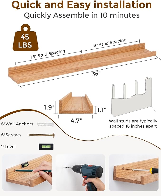 Axeman Oak Picture Ledge Shelf, 36 Inch Floating Shelves Set of 2, Solid Oak Wood Wall Shelves with Lip, Wall Decor Storage for Bedroom Living Room Bathroom Kitchen Nursery Photo Picture, Natural Oak