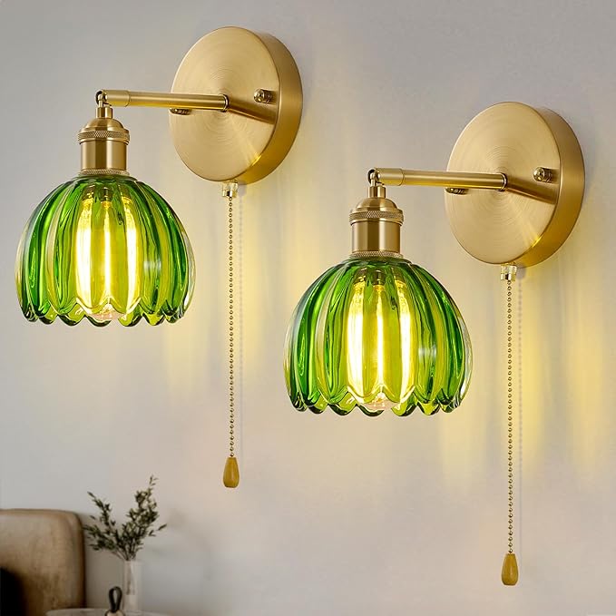 Vintage Wall Sconces with Pullswitch, 180 Degree Adjustable, Hradwired Modern Wall Lighting Fixture with Green Tulip Glass Lampshade for Bedroom Bedside Bathroom(2pack)