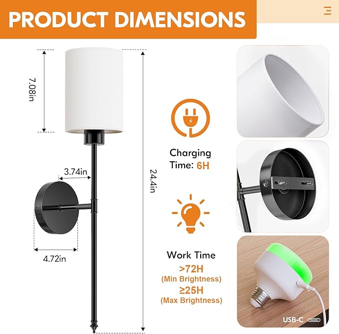 NIORSUN 24 inch Battery Operated Wall Sconce Set of 2, Black Wireless Rechargeable Wall Lights with 5200mAh Dimmable Detachable Bulbs and Remote, 9 Colors Sconces Wall Decor for Bedroom Living Room