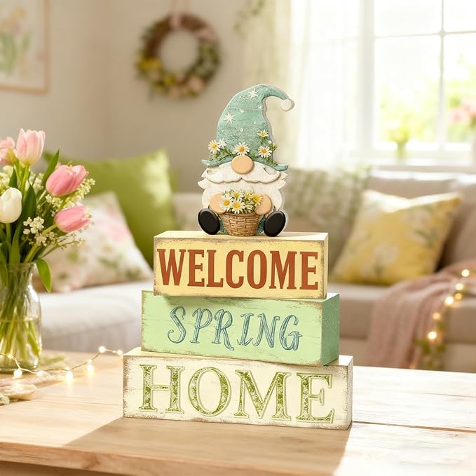 Spring Decoration Wooden Tiered Tray Decor – Rustic Welcome Spring Home Gnome Stacked Block Sign with Flower – Farmhouse Tabletop Spring Decor for Living Room Shelf Kitchen Coffee Bar Seasonal Home
