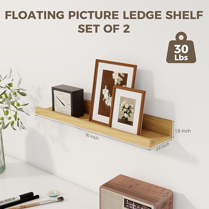 Axeman Floating Shelves | Picture Ledge Shelf Set of 2 | Oak Wall Shelves with Lip | Oak Picture Shelf for Wall with Ledge | Photo Ledges 16 Inch