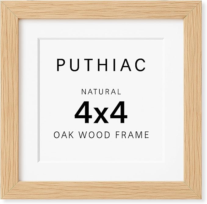 puthiac 4x4 Solid Oak Wood Picture Frame, Fits 3x3 with Mat or 4x4 Without Mat, Wall or Tabletop Display with Stand, Plexi Front, 1 Pack, Natural Oak