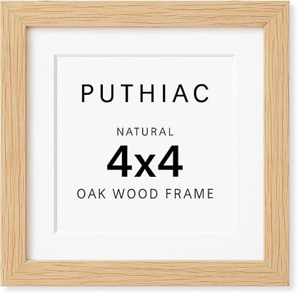 puthiac 4x4 Solid Oak Wood Picture Frame, Fits 3x3 with Mat or 4x4 Without Mat, Wall or Tabletop Display with Stand, Plexi Front, 1 Pack, Natural Oak