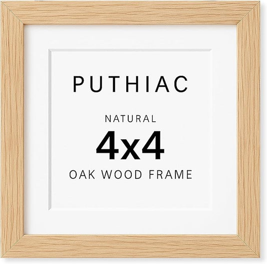 puthiac 4x4 Solid Oak Wood Picture Frame, Fits 3x3 with Mat or 4x4 Without Mat, Wall or Tabletop Display with Stand, Plexi Front, 1 Pack, Natural Oak