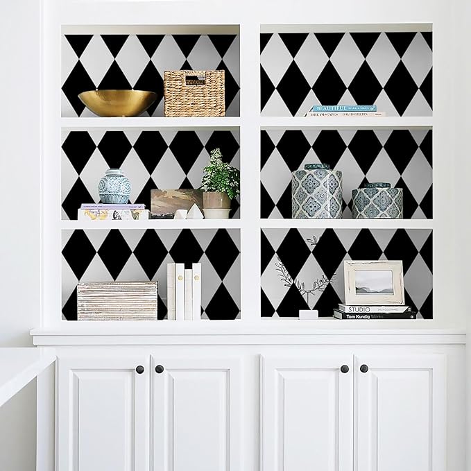 Black and White Peel and Stick Wallpaper Diamond Wallpaper Rhombus Contact Paper 17.3