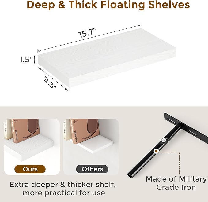 Fun Memories 16 Inch Long Floating Shelves in White, 9.3 Inch Deep Floating Shelf for Wall, Living Room, Kitchen, Rustic Deep Wood Shelves for Bathroom, 2 Pack Storage Display Shelf for Books, Decor