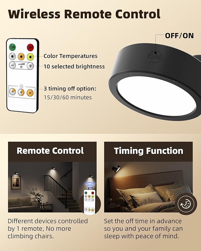 EZVALO LED Wall Mounted Light, 3000mAh Rechargeable Cordless Wall Sconce, Dimmable with Remote & Touch Control, 3 Color Temps, 360° Rotatable for Bedroom, Bedside, Reading (Black, 2 Pack)