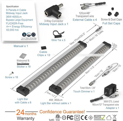 EBD LED Under Cabinet Lighting for Kitchen Built-in Adjustable Cable & Mid Input Jack Bookshelf Plug in Light bar 9 Pcs 4050 Lm 3000K Ultra Bright for Timer Smart Plug Alexa Google Assistant & Siri