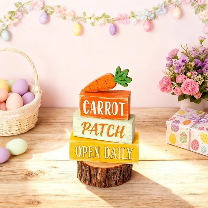 Easter Decorations - Easter Carrot Patch Tiered Tray Decor - Wooden Farm Stand Tabletop Decoration - Rustic Farmhouse Spring Home Decor Indoor for Tiered Tray Shelf Mantel Coffee Table Kitchen Counter