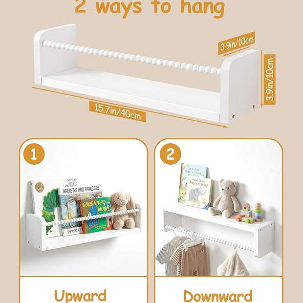 Nursery Book Shelves for Wall Set of 3, White Natural Wood Bookshelf Wall Decor, Small Floating Shelf Organizer for Kids Room, Bedroom, Kitchen Spice Rack