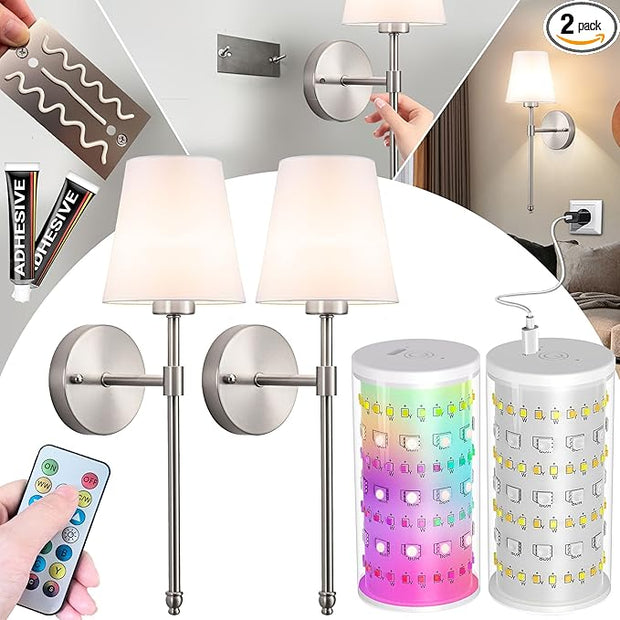 Peel and Stick Wall Sconces, Stick On Wall Sconce Set of 2, Battery Operated Wireless Wall Light, No Drill Adhesive Wall Lamp, Corn Bulb with 10000mAh Rechargeable Battery, Bedroom Wall Decor