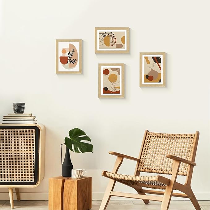 ATOBART 5x7 Picture Frame Set of 4, Displays 4x6 with Mat or 5x7 Without Mat, Photo Frames for Wall Hanging or Tabletop, Includes HD Plexiglass, Natural Wood Grain