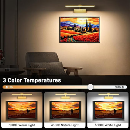 Picture Light, 15.35inch Picture Lights for Wall Rechargeable, Battery Wall Light Over Picture Frame, 3 Color Art Lighting for Paintings with Timer and Dimmable Artwork Display (Gold-2PCS)