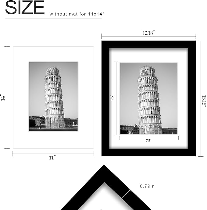 Wiscet 11x14 Picture Frame Set of 9, Display Pictures 8x10 with Mat or 11x14 Without Mat, Photo Frame for Wall Mounting or Tabletop Display, Black.