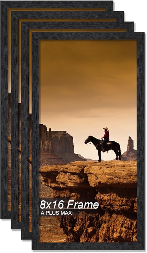A PLUS MAX 8x16 Picture Frame Set of 4, Black Engineered Wood Frame for 8 x 16 Inch Picture Poster Photo, Light Weight 8 by 16 Frame with Wood-grain for Wall - 4 Pack/Black/8