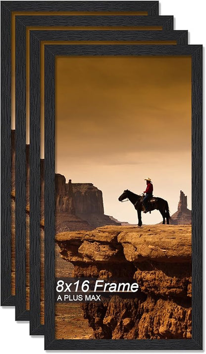 A PLUS MAX 8x16 Picture Frame Set of 4, Black Engineered Wood Frame for 8 x 16 Inch Picture Poster Photo, Light Weight 8 by 16 Frame with Wood-grain for Wall - 4 Pack/Black/8"x16"