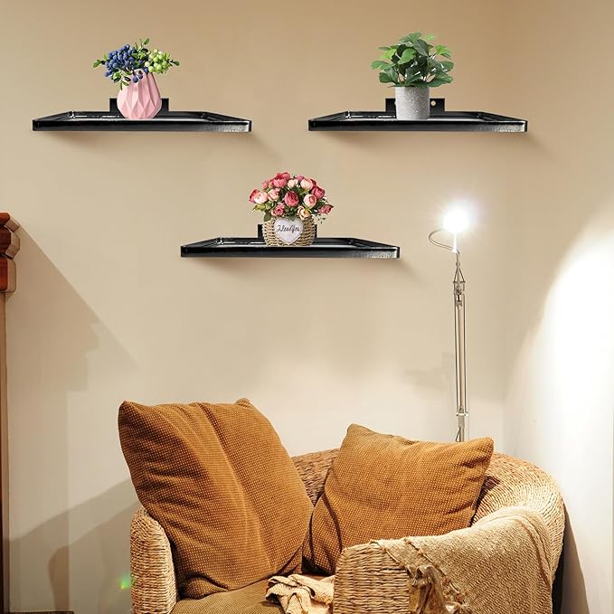 Cityelf Floating Shelves Wall Mounted Wall Decor Iron Glass Hanging Shelf Home Decor Set of 3 Display Ledge Shelves for Living Room Bedroom Black Square